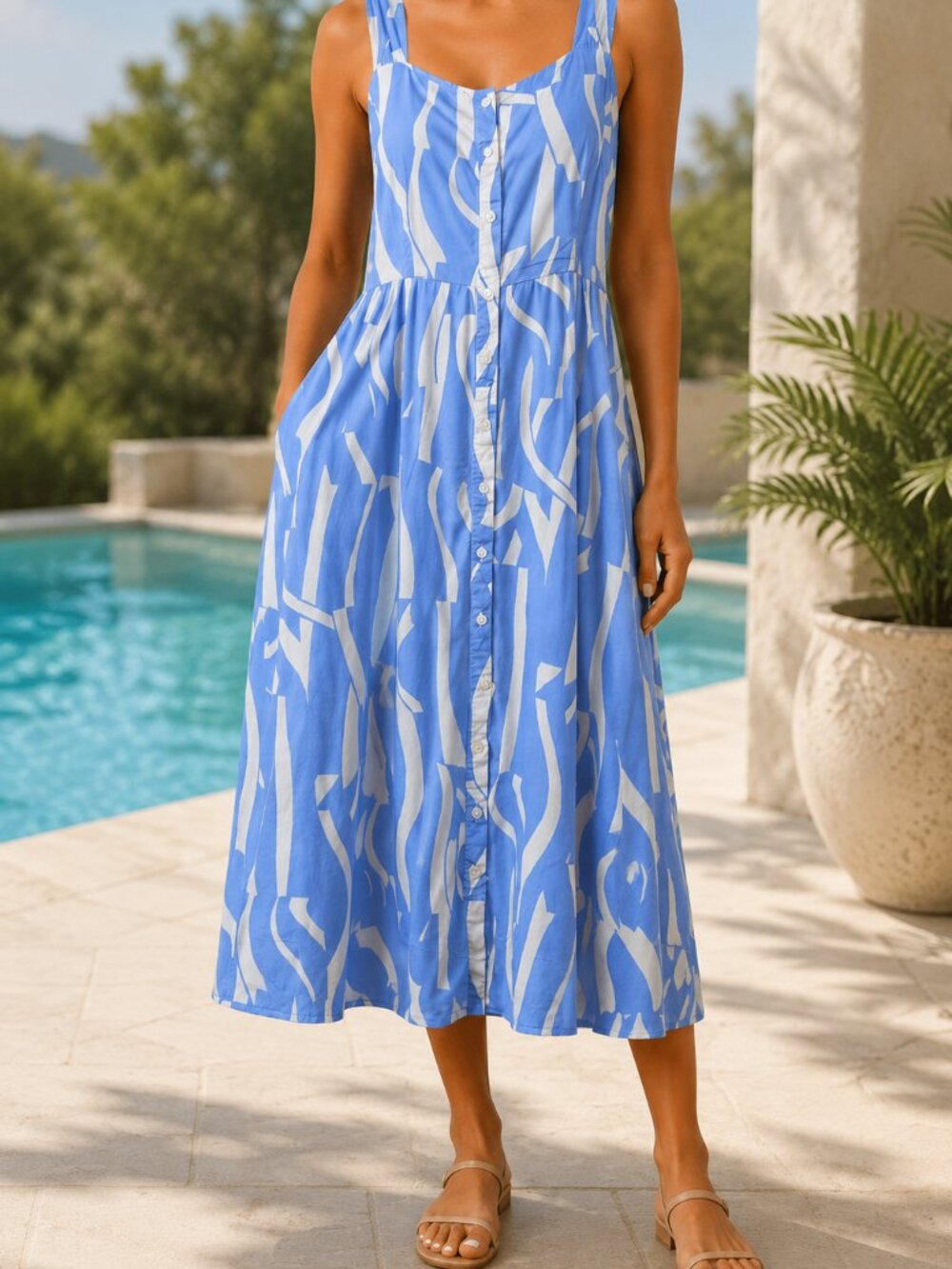 Ava & Viv Blue and White Patterned Sun Dress 2XL